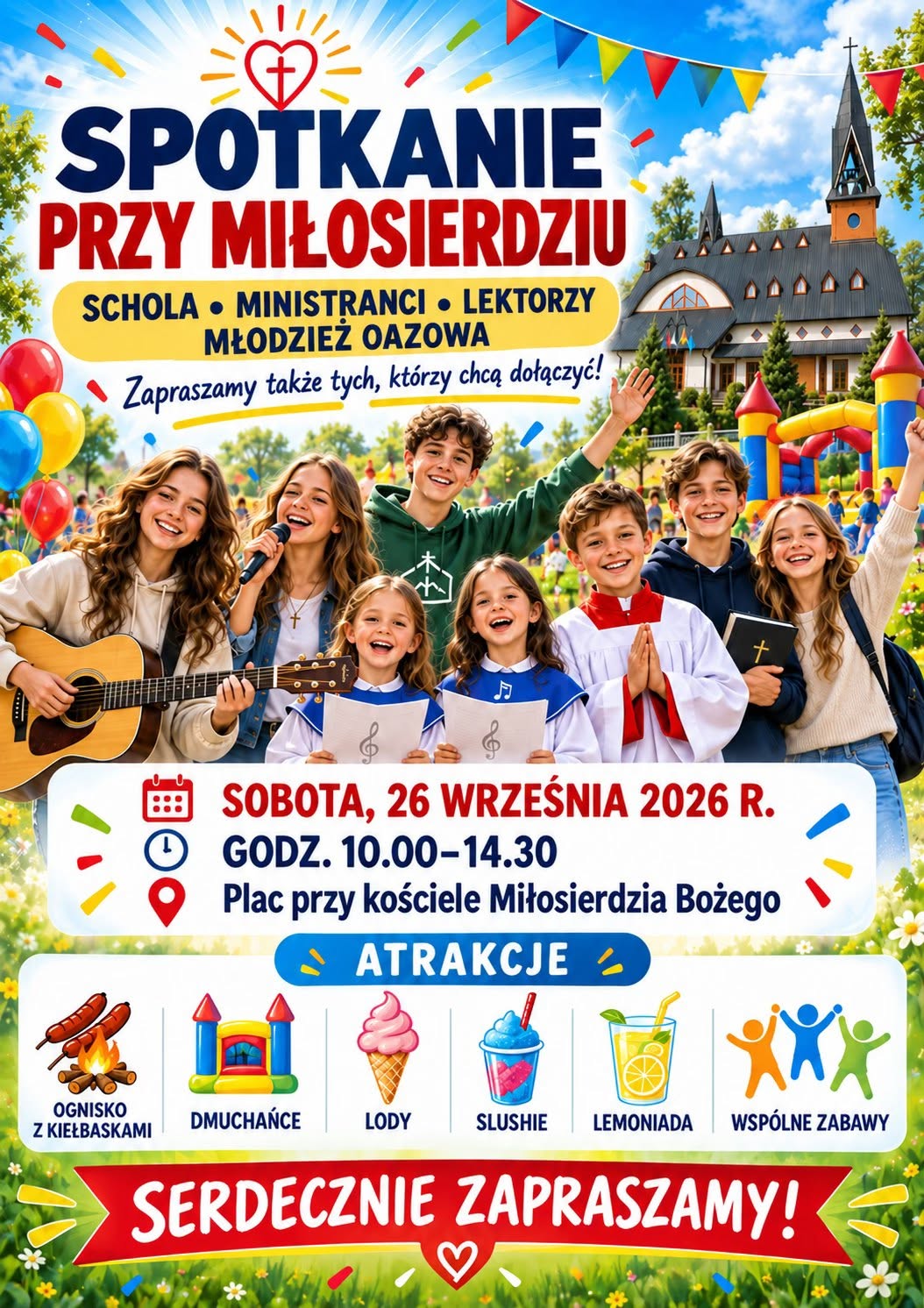 Plakat: Spotkanie przy Miłosierdziu – sobota 26 września 2026, godz. 10.00–14.30, plac przy kościele Miłosierdzia Bożego